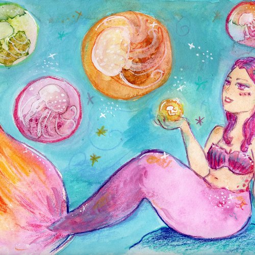 Aquarelle "sirène et bulle" exposition rive loire