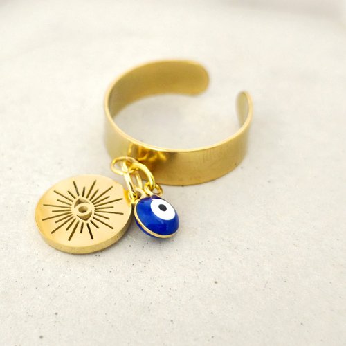Bague dorée – œil grec & charm solaire