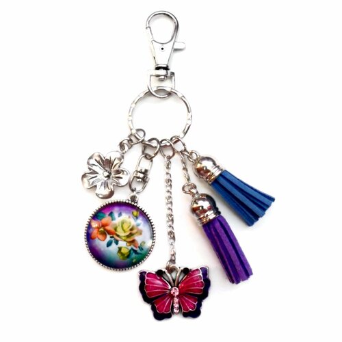 Porte-clés bijoux sac fleur papillon bleu violet