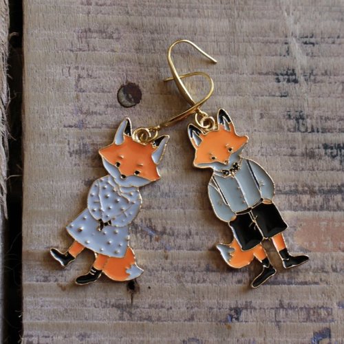 Boucles d'oreilles - mr et mrs fox renards, doré, orange, automne, nature