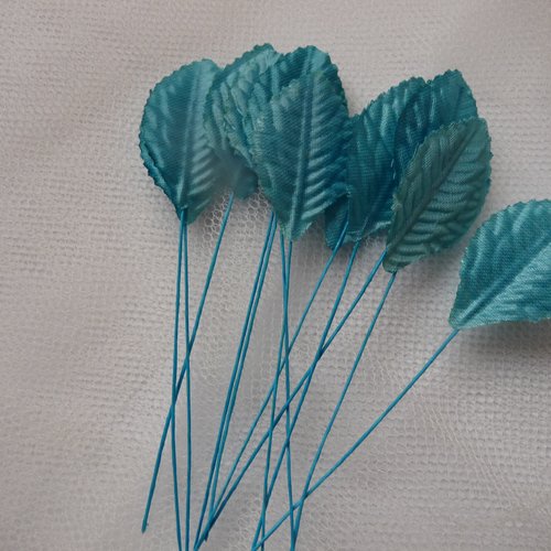 12 petites feuilles decoratives bleues, en tissu satine rigide