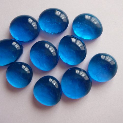 10 cabochons en verre, fond plat, couleur bleue