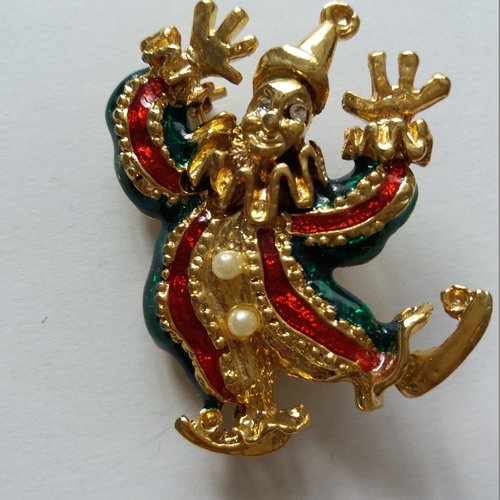 Broche "clown"  en métal doré, vêtement rouge et vert