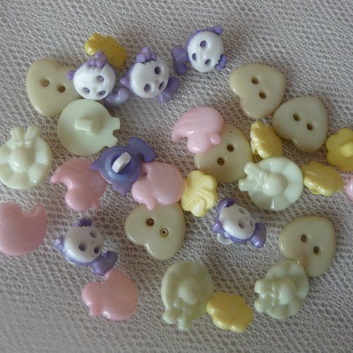 29 boutons fantaisie (animaux, chapeau, coeur, fleur) - couture, vêtements enfants, scrapbooking, customisation