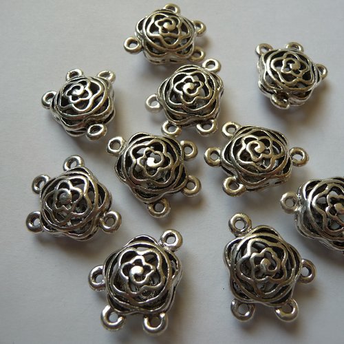 10 jjolis connecteurs séparateurs 3 rangs, métal argenté,forme fleur - créations bijoux, fournitures bijoux - apprêts