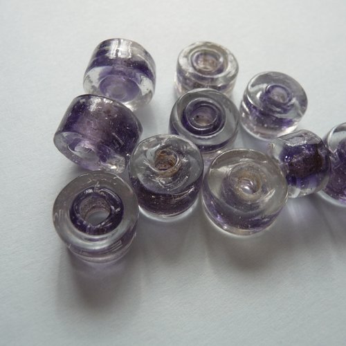 10 perles artisanales, en verre bicolore bleu et transparent, rondes et cylindriques,