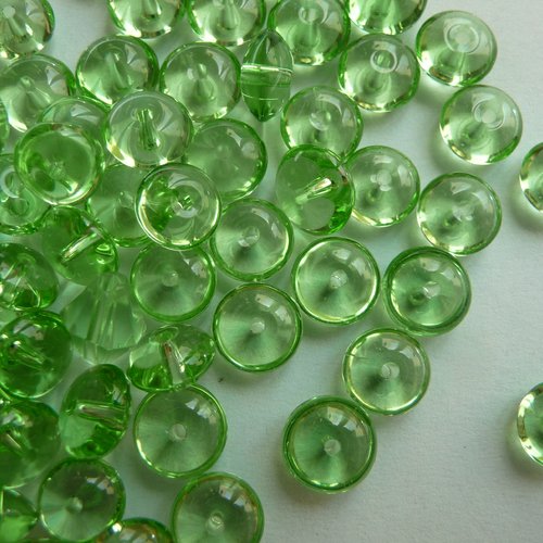 60  perles en verre couleur verte, rondes et plates, forme palet - 8 mm diamètre