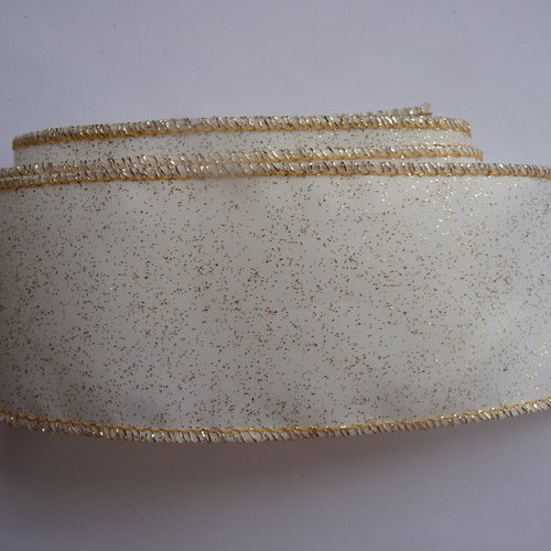 Ruban luxe decoratif, ruban de fete, noel, 1,50 m x 5 cm - organza blanc a paillettes dorees - largeur 5 cm