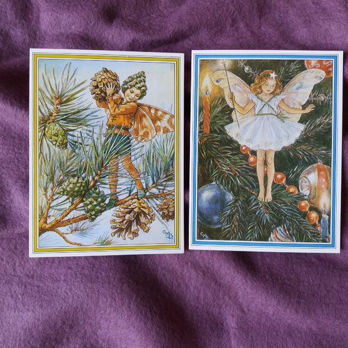 2 cartes de voeux illustrations fée et lutin, fête de noël, nouvel an,