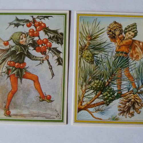 2 cartes de voeux illustrations petits lutins, fête de noël, nouvel an,
