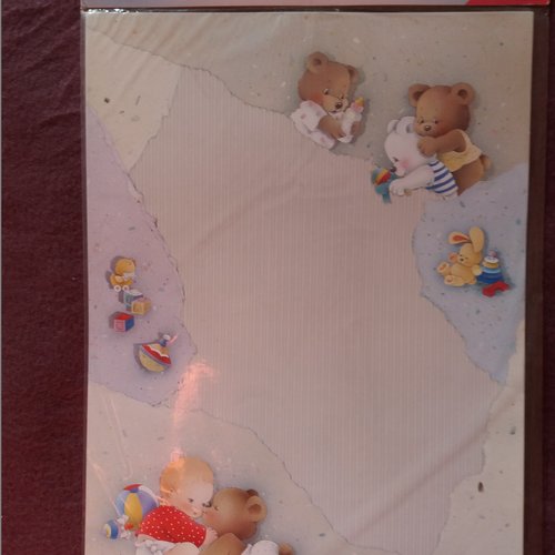 Papier à lettre décoré bébés et oursons,  papeterie, correspondance, faire-part, menus, invitations