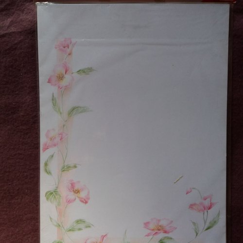 Papier à lettre décoré  fleurs roses,  papeterie, correspondance, faire-part, menus, invitations