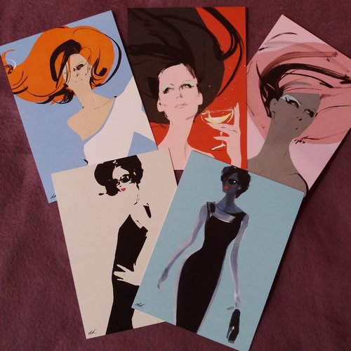 5 cartes décoratives illustrations féminines, graphisme moderne - home-déco, cadres, décorations, créations diverses