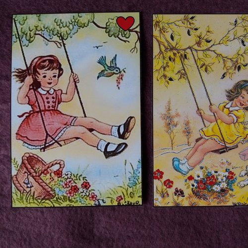 2 images  rétro  fillettes sur balançoire - illustrations vintage, scrap, décorations, carterie, papeterie, home-déco