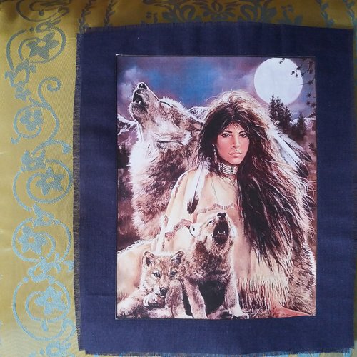 Transfert textile "amérindien, loup et clair de lune"  fond coton bleu-marine - customisation, couture, créations textiles