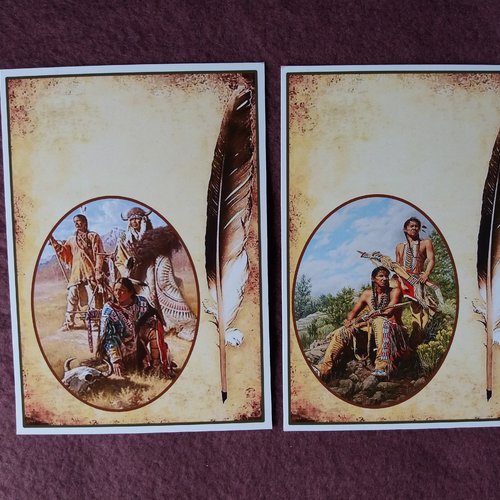 2 images cartes "amérindiens", indiens - plumes - décoration, carterie, papeterie, scrap, home-déco