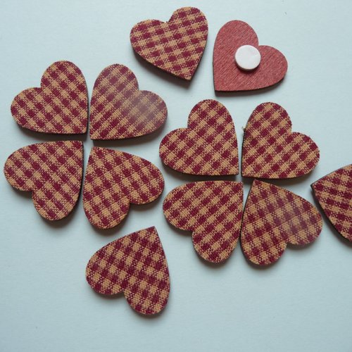 12 stickers petits coeurs en bois tissu vichy grenat - scrapbooking, loisirs créatifs