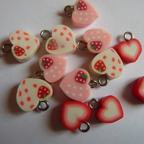12 petits coeurs breloques pendentifs roses et rouges - bijoux enfants