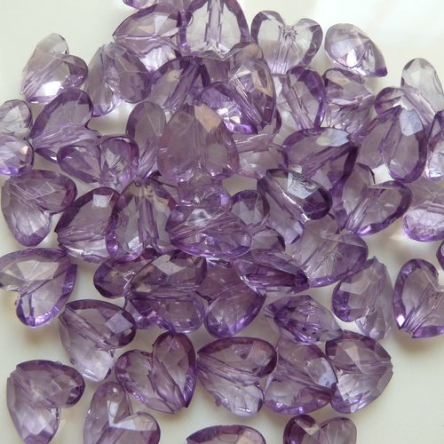 50 perles coeurs à facettes en plastique translucide bleu-mauve - 12 mm x 13 mm - bijoux, customisation, décoration, loisirs créatifs