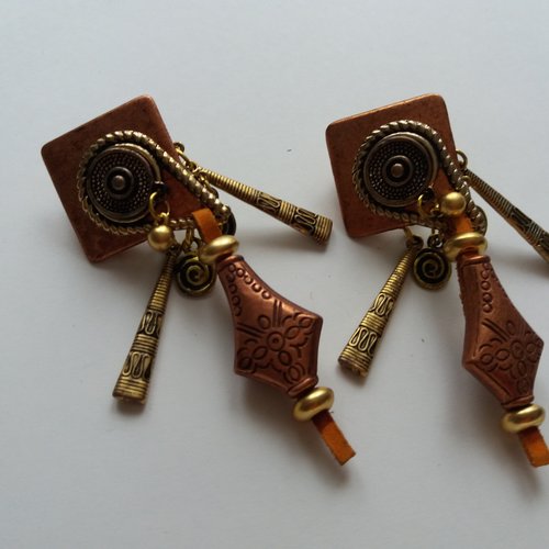 Boucles d'oreilles fantaisie, à clip doré, couleur orangé/cuivré