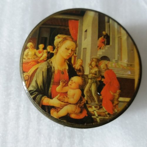 Petite boîte ronde, laquée noire, illustration religieuse - présentation, coffret, cadeau, rangement