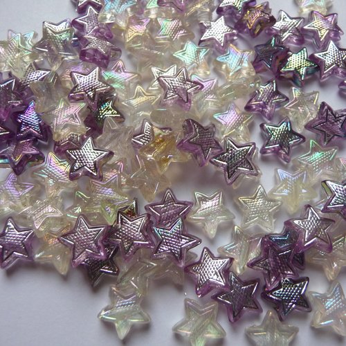 100 perles en plastique, forme etoile, irisees blanc et mauve