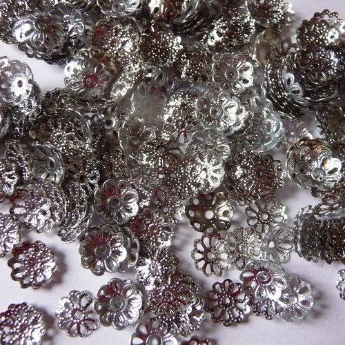 Lot 400 calottes filigranées en métal argenté - diamètre 9 mm - apprêts, coupelles, fournitures bijoux, créations bijoux - diy