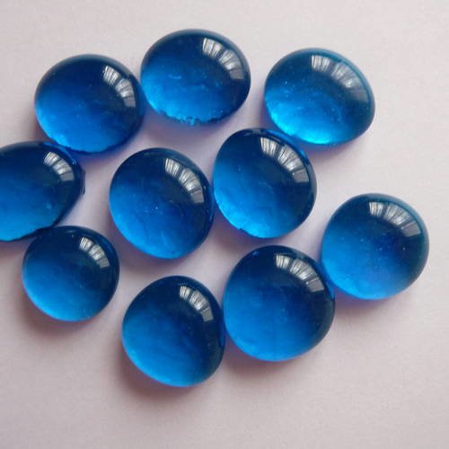 10 cabochons en verre, fond plat, couleur bleue 