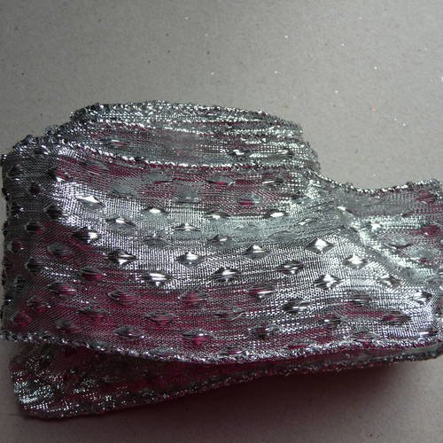 Ruban fete : magnifique ruban luxe pour decorations, noeuds -  lame argente, 2 m x 5 cm - motifs graphiques