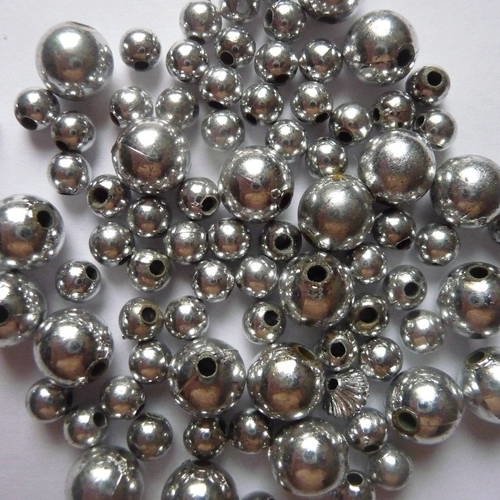 Ensemble de 100 perles rondes en plastique aspect metal argente