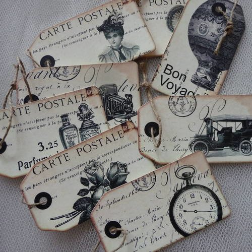 8 etiquettes retro cartes postales anciennes  - collection vintage -  couleur sepia
