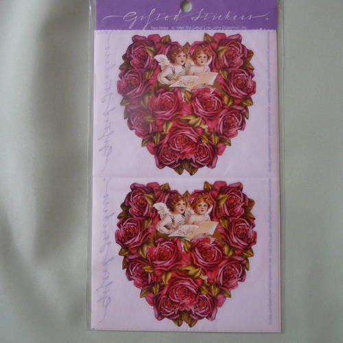 Pochette  de 4 autocollants  coeur fleurs rouges avec anges 