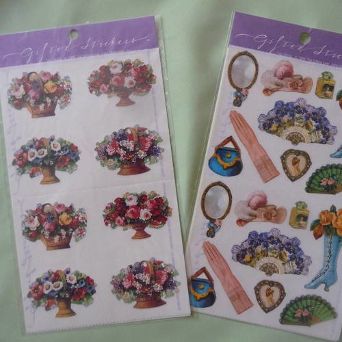 Stickers retro : 2 pochettes  d'autocollants bouquets fleurs et objets epoque victorienne