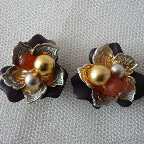 2 breloques cabochons forme fleur noire et dorée avec perles -  a coller 