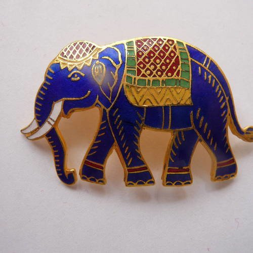 Broche elephant indien bleu et dore 