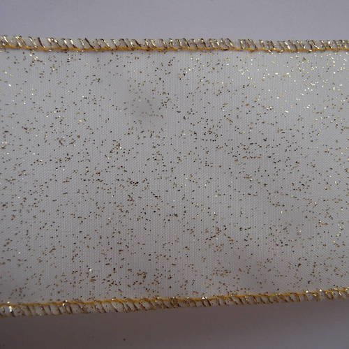 Ruban luxe decoratif, ruban de fete, 1,50 m x 5 cm - organza blanc a paillettes dorees - largeur 5 cm