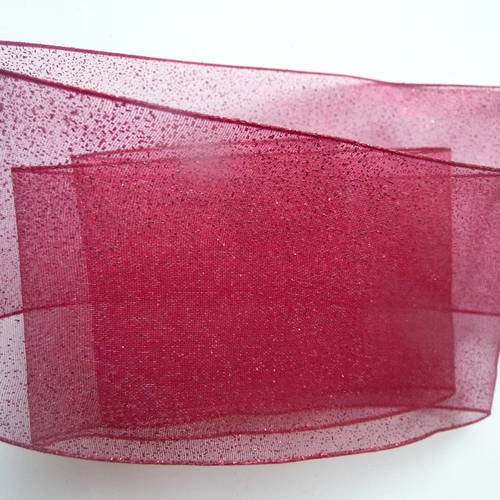 Ruban voile organza  - 1,70 m x 6,5 cm, rouge lie de vin a paillettes grande largeur (7 cm)