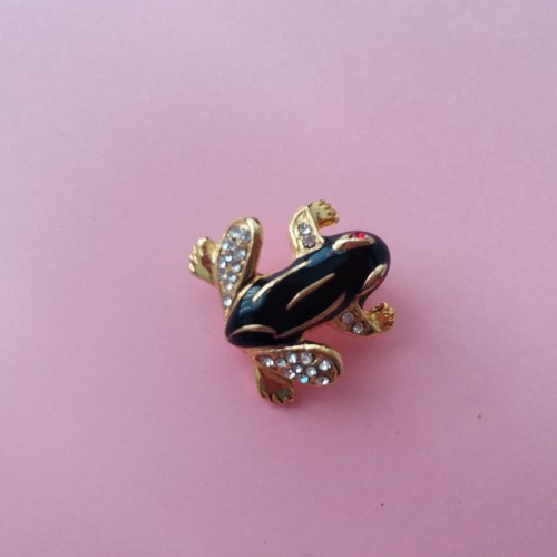 Petite broche grenouille en metal dore avec strass