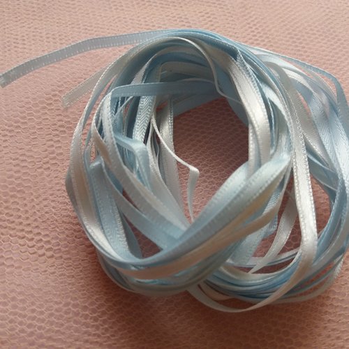 2 rubans satin bleu-clair et blanc - 3 m x 4 mm chacun - couture, broderie, travaux textiles, bijoux, embellissements,