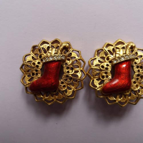 Boucles d'oreilles fantaisie pour noël - a clips, métal doré et décor botte rouge - pour fête de noël