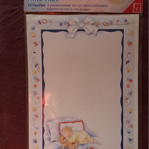 Papier à lettre décoré bébé endormi et ourson,  papeterie, correspondance, faire-part, menus, invitations