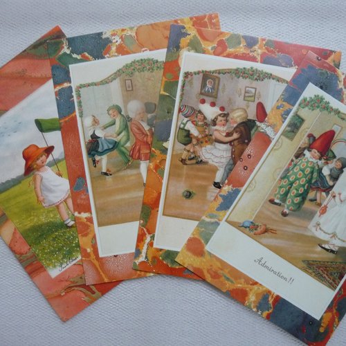4 cartes postales enfantines rétro, enfants jouant et dansant