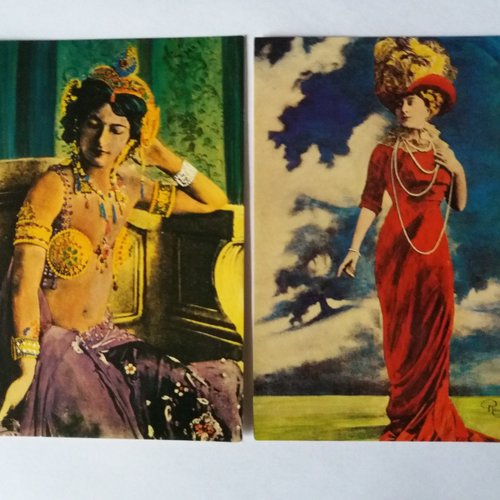 2 cartes postales rétro "belle epoque" - mata hari et cécile sorel - carterie, papeterie