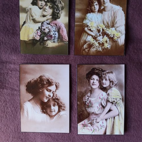 4 images rétro maman et enfant, illustrations vintage - fête des mères, carterie, papeterie, home-déco