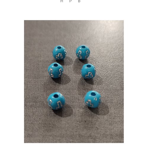 Lot de 6 perles rondes acryliques motif croix