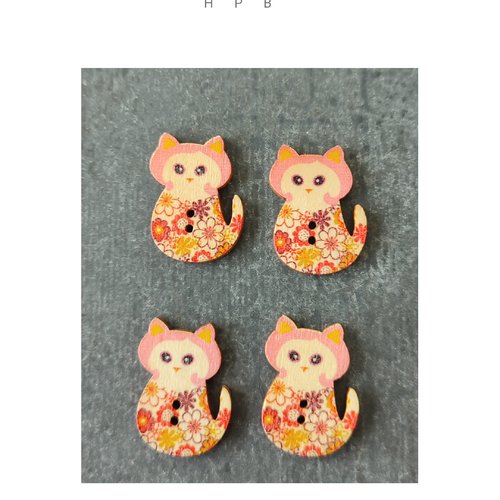 Lot de 4 boutons en bois motif chat