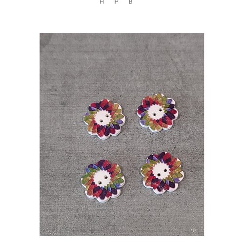 Lot de 4 boutons en bois motif fleurs