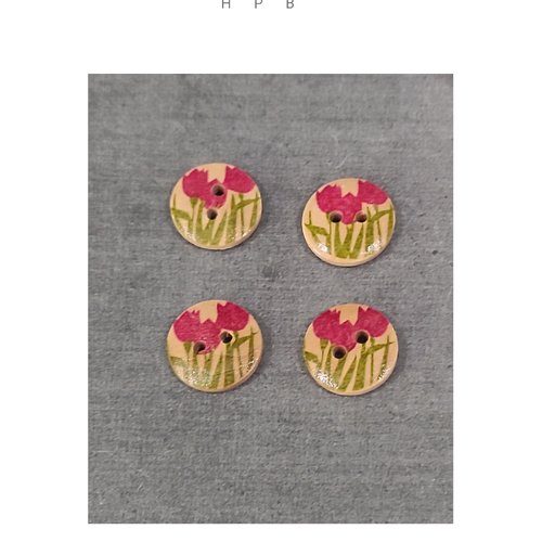 Lot de 4 boutons en bois motif fleurs