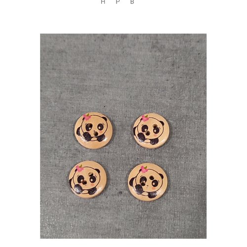 Lot de 4 boutons en bois motif panda