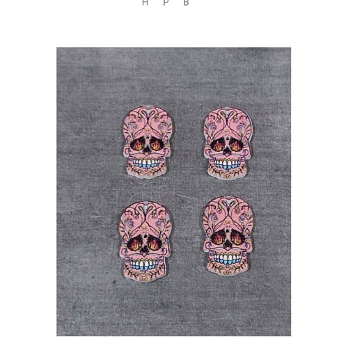 Lot de 4 boutons en bois en forme de crâne "calavera"
